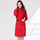 Long-sleeve Mock-neck Knit Sheath Dress Red - One Size