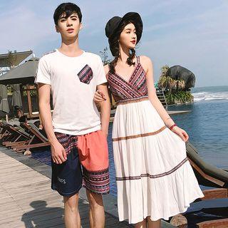 Couple Matching Patterned Short-sleeve T-shirt / Shorts / Strappy Midi Dress