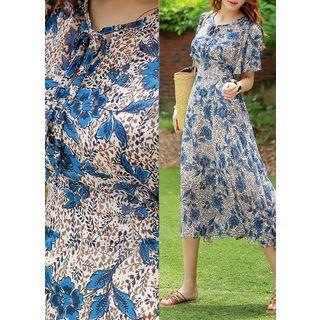 Tie-neck Floral Long Chiffon Dress Blue - One Size