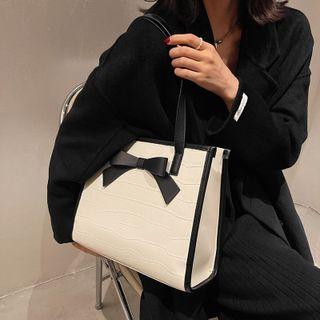 Ribbon Croc Grain Faux Leather Tote Bag