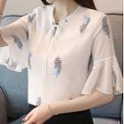 Elbow-sleeve Feather Embroidered Chiffon Blouse