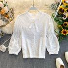 Long-sleeve Tie-neck Dotted Top White - One Size