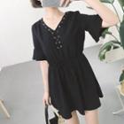 Plain V-neck Bell-sleeve Short-sleeve Dress