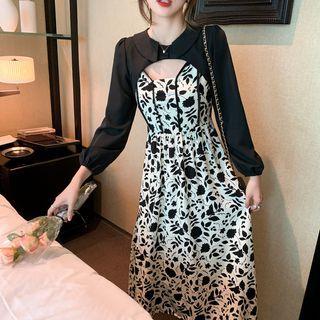 Long-sleeve Cutout Floral Print Midi A-line Dress