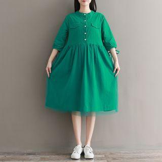 Elbow-sleeve Mesh Panel A-line Dress