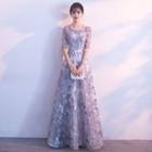 Elbow-sleeve Butterfly Applique A-line Evening Gown