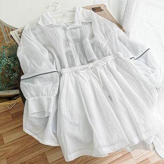 Set: Long-sleeve Sheer Shirt + Drawstring Shorts