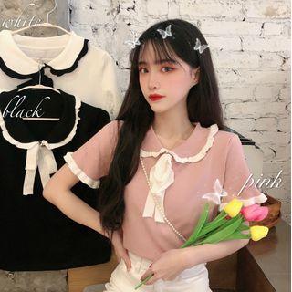 Collared Contrast Trim Short-sleeve Knit Top