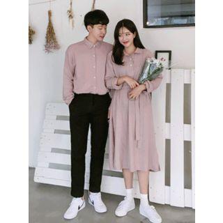 Long-sleeve Half-placket Long Dress With Sash