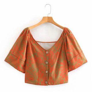 Short-sleeve Print Button-up Blouse