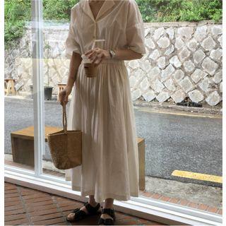 Short-sleeve Lapel Collar A-line Midi Dress