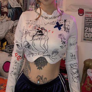 Printed Long-sleeve Turtleneck Crop Top