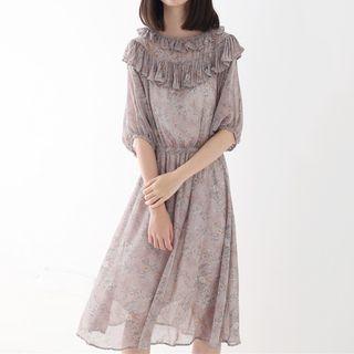 Pleated Trim Floral Print Elbow Sleeve Chiffon Dress