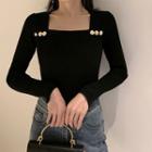 Long-sleeve Square-neck Knit Top Black - One Size