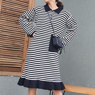 Long-sleeve Striped Knit Polo Dress Stripe - Navy Blue & White - One Size