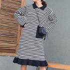 Long-sleeve Striped Knit Polo Dress Stripe - Navy Blue & White - One Size