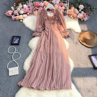 Puff-sleeve Ruffled Printed Midi A-line Dress