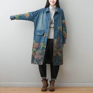 Floral Printed Denim Jacket Blue - One Size