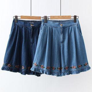 Flower Embroidered Ruffle Denim Shorts