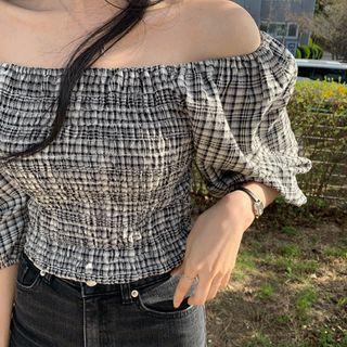 Off-shoulder Checked Smocked Top Black - One Size