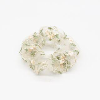 Floral Print Mesh Scrunchie 01 - Floral - Khaki - One Size
