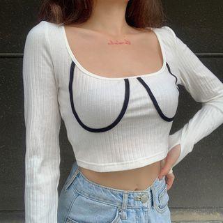 Long-sleeve Print Crop Top White - S