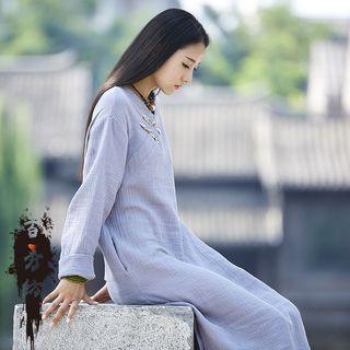 Long-sleeve Buttoned Slit-side Dress