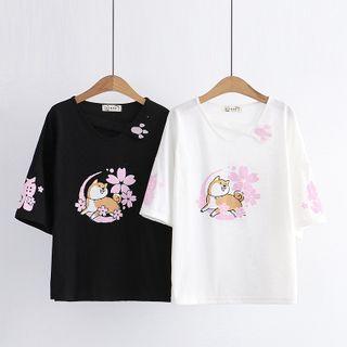 Dog & Sakura Print Short-sleeve Tee