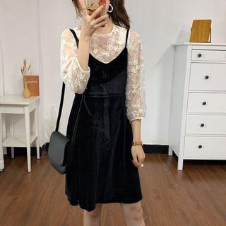 Set: 3/4-sleeve Lace Top + Mini A-line Velvet Pinafore Dress