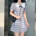 Contrast Collar Short-sleeve Button Plaid Mini A-line Dress