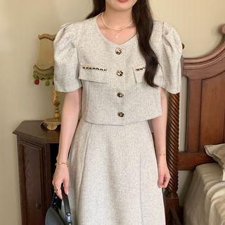 Set: Short-sleeve Button-up Cropped Blouse + Midi A-line Skirt