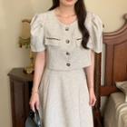 Set: Short-sleeve Button-up Cropped Blouse + Midi A-line Skirt