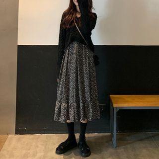 Set: Floral A-line Midi Dress + Cable Knit Cropped Sweater