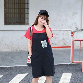 Set: Short-sleeve Lettering T-shirt + Capri Pinafore Jumpsuit