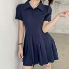 Plain Short-sleeve Pleated Mini Dress