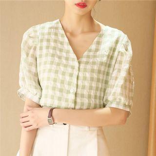 Short-sleeve Checked Blouse