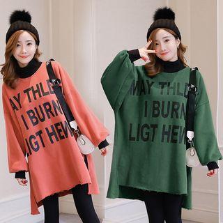 Lettering Side Slit Long Pullover