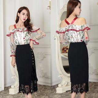 Set: Long-sleeve Off Shoulder Blouse + Lace Midi Skirt