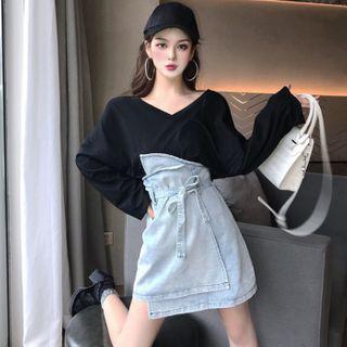 V-neck Long-sleeve Top + High-waist Denim Skirt