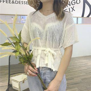 Plain V-neck Short-sleeve Knit Top
