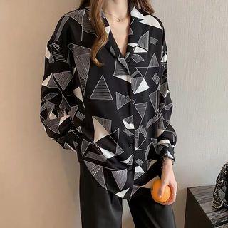 Geometric Patterned Lapel Collar Chiffon Blouse