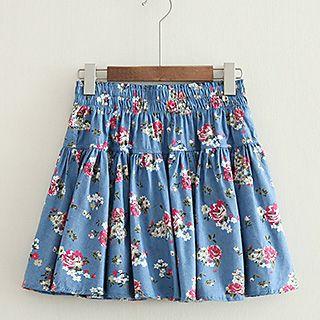 Floral Print A-line Denim Skirt