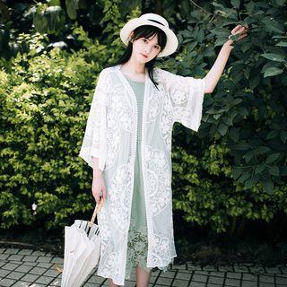 Elbow-sleeve Lace Long Cardigan