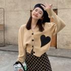 Long Sleeve V-neck Heart Print Knit Cardigan