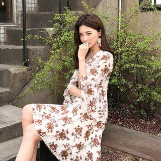 Lace-up Neck Floral Chiffon Flare Dress