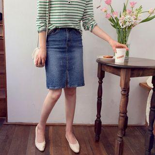 Slit-front Distressed Midi Denim Skirt