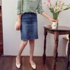 Slit-front Distressed Midi Denim Skirt