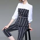 Set: 3/4-sleeve Striped Blouse + Capri Pants