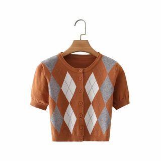 Short-sleeve Argyle Cropped Cardigan Orange - One Size