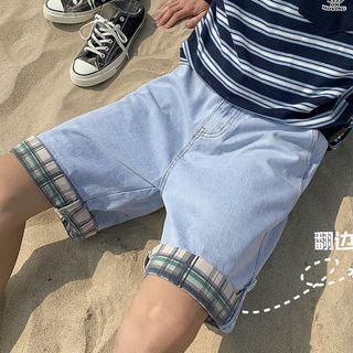 Plaid Panel Denim Straight Leg Shorts